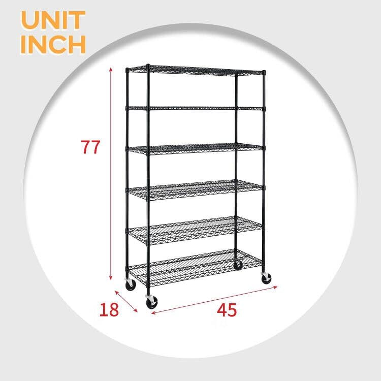 BestOffice Storage Shelves 6 Tier Metal Shelves Adjustable Heavy Duty Garage Shelving Wire Shelving Unit Capacity 6000LBS with Wheels for Kitchen, Garage Pantry Closet Commercial,Black - color: Black, size: 18"D x 45"W x 77"H