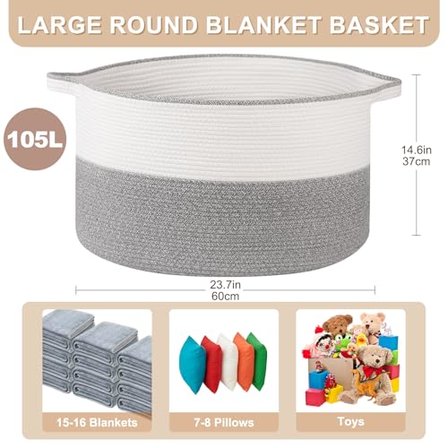 OIASKET XXL Large Blanket Basket with Handles, 105L Woven Storage Basket for Living Room, Cotton Rope Baby Toy Storage for Clothes, Pillows, Towels-Grey & White - color: Grey & White, size: 105L
