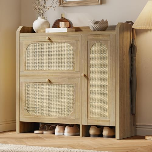 Mericonia Shoe Cabinet Storage for Entryway with 2 Flip Drawers(3-Tier), Rattan Freestanding with Door & 3 Adjustable Shelve,Hidden Shoe Rack Organizer for Hallway, Foyer - color: Natural, size: Flip Drawers 2 & Door 1