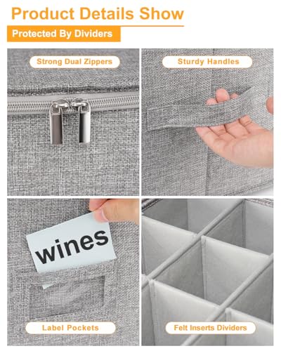 punemi Wine Glass Storage Box, Glassware Storage Containers w/Hard Shell Side Bottom Support & Padded Dividers, Stackable Stemware Storage Case for 24 China Crystal Glasses Drinkware, Moving Supplies - style: Wine Glass Storage 2pcs