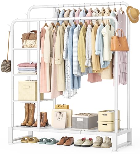 Double Rods Clothes Rack Clothing Rack with 4 Tier Storage Shelves Clothes Rack for Hanging Clothes Multifunctional Heavy Duty Clothes Organizer with Hooks for Bedroom,Wardrobe Closet,Shop,White - color: White