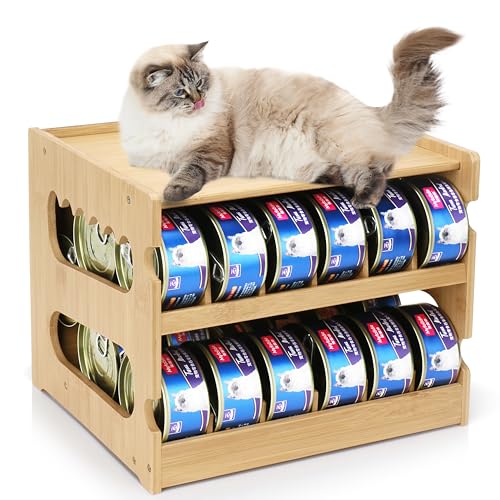 Bamboo Can Organizer for Pantry, 2 Tier Canned Cat Food Organizer for Kitchen Counter, Cat Food Storage Holds up to 36 Cans, Can Rack Organizer for Human and Pet Food Cans, FIFO Design