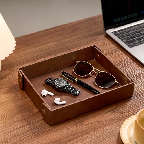 Catch All Valet Tray - EDC Organizer for Key, Wallet, Watch, Jewelry, Phone, coin change | Faux Leather Storage Tray for Dresser, Nightstand, Desk, Entryway, Travel Storage | Brown - color: Brown