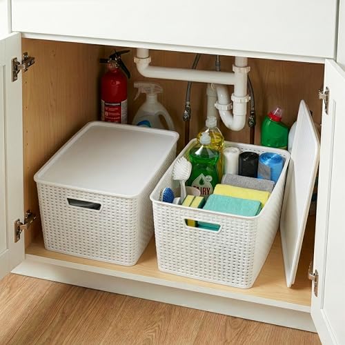 BINO | Plastic Storage Baskets with Lids, 33 Liter - 3 Pack, White | THE WOVEN COLLECTION | Storage Basket for Shelves | Woven Storage Baskets for Organizing Bins Pantry Shelf Organizer Container Bin - color: White, size: 33L | 3-Pack