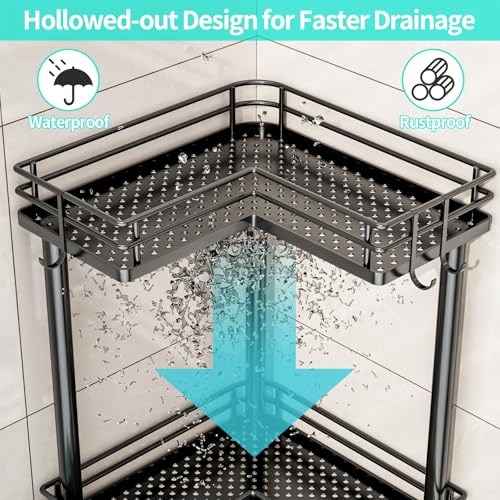 HapiRm Corner Shower Caddy Standing - 2 Tier Shower Organizer Corner with Soap Holder, Rustproof Bathroom Standing Organizer with 2 Hooks, Black - color: Black, size: 2-tier