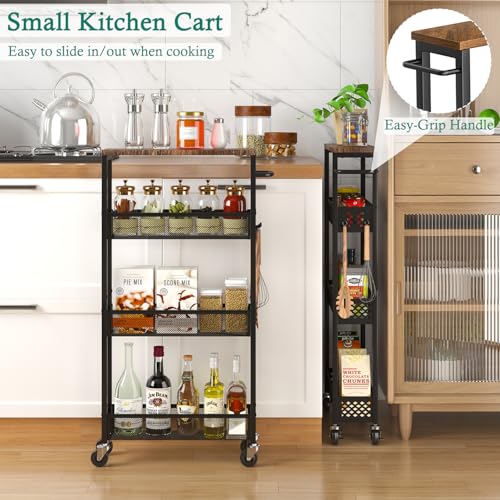 XYZLVSI Slim Storage Cart 4 Tier Narrow Kitchen Rolling Cart on Wheels for Small Space, Mobile Utility Cart Shelving Unit with Wooden Top and Metal Handle for Kitchen, Bathroom, Laundry Room - size: 16.7"Dx5.0"Wx34"H