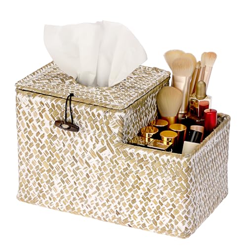 Sumnacon Tissue Box Cover Square Tissue Box Woven Seagrass Tissue Box Holder with Side Organizer, Rustic Tissue Holder for Living Room Bathroom Bedroom Kitchen Office Table Desk, White - color: White