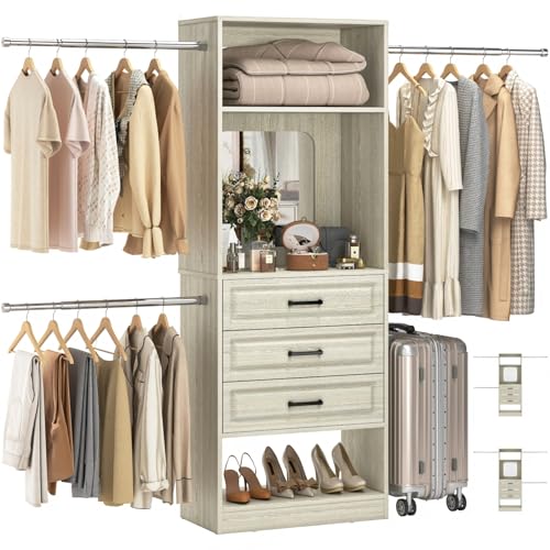 Unikito 48" W - 96” W Closet System with Mirror, 8FT Walk in Closet Organizer with Drawers and 3 Extendable Hanging Rod, Sturdy Wood Clothing Garment Rack with 25” Tower, Max Load 1000 LBS, White Oak - color: White Oak