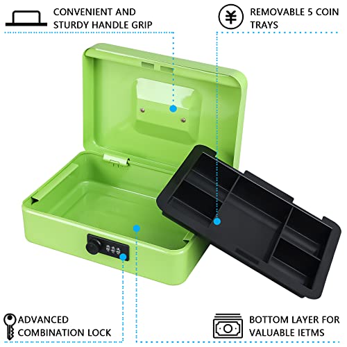 KYODOLED Large Cash Box with Combination Lock,Safe Metal Box for Money, Storage Lock Box with Money Tray,9.84"x 7"x 3.54" Limegreen Large - color: Limegreen, size: Large