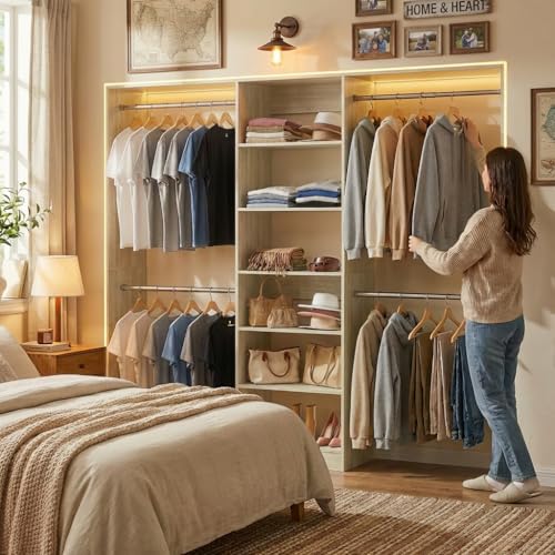 Homieasy Closet System, 4.5-11.5 Ft Expandable Closet Organizer with 5 Hanging Rods, Walk-in Wood Closet Organizer System with Storage Tower, Heavy Duty Garment Rack Wardrobe for Bedroom, Light Oak - color: Light Oak