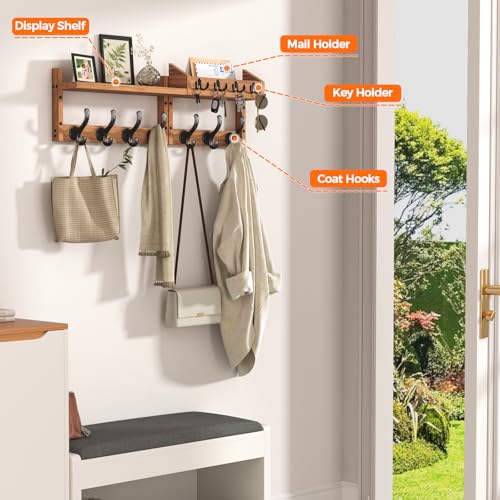 Evermagin 29" Coat Rack Wall Mount with Shelf, 4 in 1 Wall Mounted Coat and Key Hanger with 11 Hooks, Entryway Key Holder with Mail Holder for Living Room, Bedroom - color: Brown, size: 29 inch