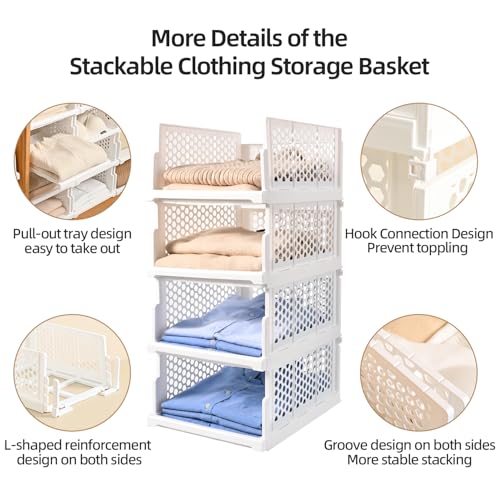 Pull-out Plastic Storage Basket,Stackable Closet Organizers Drawer Anti-Tipping, Reinforced Stable Shelf Container for Bathroom Laundry Room Storage, Space-Saving Clothes Storage (white, Large-5pcs) - size: Large-5pcs