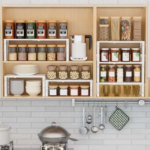 Expandable Spice Rack Kitchen Cabinet Shelf Organizer, Stackable Storage Shelves Racks, Adjustable Counter Shelving for Cabinets, Countertop, Cupboard,Pantry and More(3Packs/White/Medium) - color: White, size: 3 PACKS/WHITE/MEDIUM