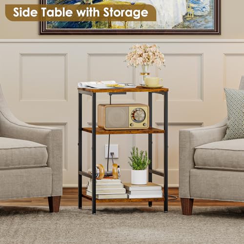 X-cosrack Side Table with Charging Station, End Table with USB Ports and Outlets, Nightstand with Storage Shelves for Small Space, Sofa Couch Table Bedside Table for Living Room Bedroom - color: Rustic Brown With Charging Station