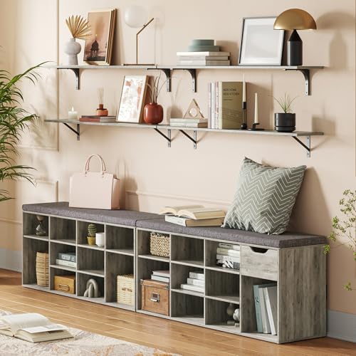 DINZI LVJ Shoe Bench, 12 Cubbies Shoe Organizer for Entryway, Storage Bench with Cushion, Cubby Shoe Rack with Adjustable Shelves for Living Room, Bedroom, Mudroom, Hallway, Gray Wash - color: Gray Wash, size: 12 Cubby