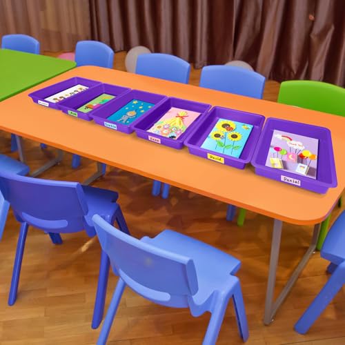 ShineMe 6 Pack Paper Trays for Classroom, Purple Plastic Book Bins with Colorful Labels, Stackable Letter Size Storage Tray, Desk Organizer Tray for Home, School and Office - color: Purple
