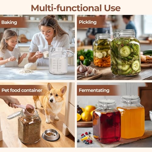 ComSaf 1 Gallon Square Glass Jars with Airtight Lids (135oz, Set of 2), Extra-Wide Mouth Canisters with Measurement Marks for Bulk Flour Storage, Fermenting Kombucha & Pickling - size: 1.1 Gal*2-Wide Mouth