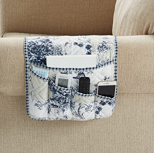 Brilliant Sunshine Blue Toile Couch Sofa Armrest 5 Pockets Organizer, Slip Resistant Recliner Armchair Caddy, Washable Remote Controls Holder, Storage for Magazine, Tablet, Phone, iPad, 35×13", Blue - color: Blue Beige