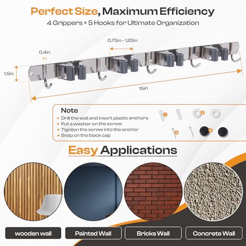 Heavy-Duty Stainless-Steel Broom Holder Wall Mount with 4 Racks and 5 Hooks | Rust Resistant Mop and Broom Hanger | Adjustable, Garage & Garden Tool Organizer | Silver Color - size: 4 Racks & 5 Hooks