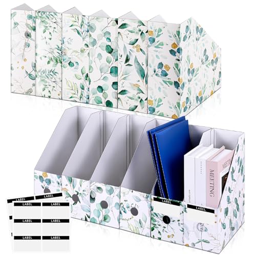 PerKoop 6 Pcs Decorative Magazine File Holders Floral Foldable File Folders Magazine Storage Boxes Rack Desk Organizer Documents with Printable Labels for School Office Home (Eucalyptus Leaves) - style: Eucalyptus Leaves