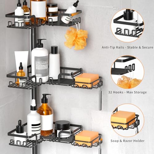 KEGII Shower Caddy Tension Pole – 4-Tier Adjustable Corner Bathroom Organizer Shelves with 2 Soap Holders, Hooks, Floor to Ceiling Storage Rack for Families & Renters, 25-114.2 Inch - style: Tension Caddy with Soap Holder（Black）
