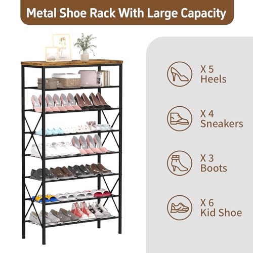 8 Tiers Tall Shoe Rack Organizer, Large Capacity Shoe Rack Holds 32 Pairs of Shoes, Durable and Stable, Adjustable Metal Shelf Stackable Shoe Shelf for Entryway, Hallway, Living Room, Closet - color: Rustic Brown, size: 27.8" x 10.8" x 52.6"