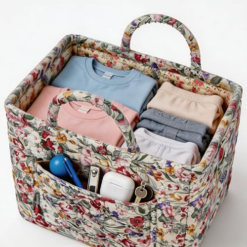 Quilted Laundry Basket with Handles - Multi-Purpose Fabric Storage Basket，Boho Fabric Storage Baskets with Handles for Car, Home & Nursery - Collapsible Square Organizer (multicolor) - color: multicolor