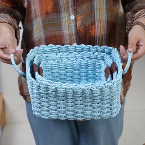 Small baskets for Organizing,Cute woven Storage basket with recycled paper rope for Shelves Bathroom,Little decorative basket,Set of 3 (Sky-Blue) - color: Sky-Blue
