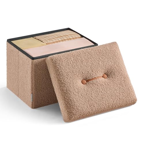 SONGMICS Small Folding Storage Ottoman, Foot Rest Stool, 12.2 x 16.1 x 12.2 Inches, Ottoman with Storage, Load up to 286 lb, for Living Room, Bedroom, Dorm, Camel Brown ULSF094K01 - color: Camel Brown, style: Teddy Fleece