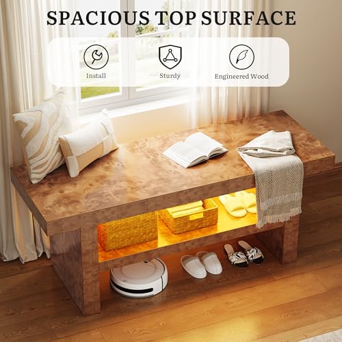 DWVO 39.4" Entryway Bench with Motion-Sensing Warm LED Light, 2-Tier Rustic Thick Wood Shoe Storage Bench for Hallway Bedroom Dressing Room or End of Bed, Burl Wood Finish - color: Burl Wood, size: Straight 39.4" L