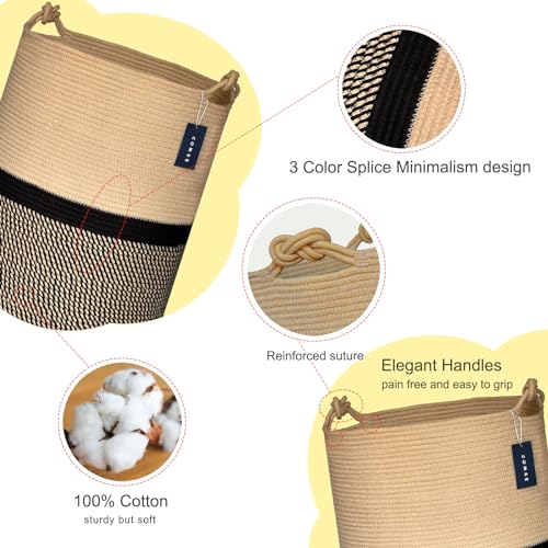 COMSE Extra Large Blanket Basket, Tall Woven Storage Basket, Nursery Hamper, 15.7”x 21.7”, Cotton Rope Laundry Hamper for Toys Clothes Towels, Blend Brown/Black - color: Blend Brown & Black