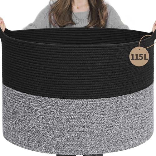 INDRESSME 115L Extra Large Cotton Rope Blanket Basket, Woven Basket for Toy Storage Organizer & Laundry Toy Box for Living Room Area & Nursery Room, Black & Grey - color: Black & Grey, size: 23.6"D x 15.7"H