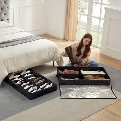 Lifewit Under Bed Shoe Storage Organizer 2 Pack(16 Shoes Cells+4 Boots Cells), 4.3 Inches Profile Fabric Shoes Container Box with Clear Cover, Foldable Storage Bag with 2 Handles, Fits 24 to 40 Pairs - style: 16 Shoes Cells+4 Boots Cells