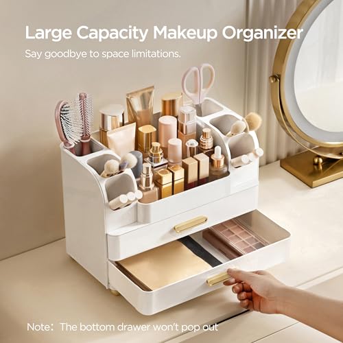 HBlife Makeup Organizer for Vanity with Brush Holder, Large Bathroom Countertop Cosmetic Organizer Skin Care Storage, Easy to Store Lipsticks, Nail Polishes, Perfumes, Eyeshadow Palettes, All White - color: All White