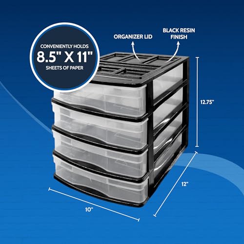 Gracious Living 4-Drawer Desktop and Countertop Storage Organizer Drawer Set, Plastic Office Desk Organizer, Black/Clear