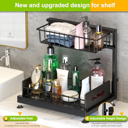 Mlinavn 2 Pack Under Sink Organizer,Pull Out Cabinet Organizer 2 Tier Slide Out Sink Shelf Cabinet Organizer and Storage,Adjustable Under Counter Organizers for Under Kitchen Bathroom Organization