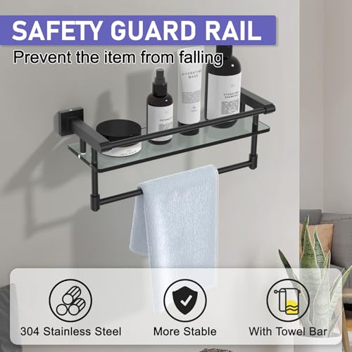 Glass Shelf for Bathroom 16 Inch Bathroom Shelves with Towel Bar, Tempered Glass Shelves with Stainless Steel Towel Holder for Wall Shelf Sink Over Toilet (Matte Black) - color: Matte Black, size: 16-inch with Railing