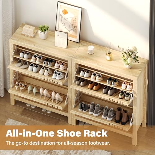 knoworld Shoe Storage Cabinet for Entryway with 2 Flip Drawers, 31.5" Slim Fluted Shoe Organizer Cabinet, Narrow Wooden Shoe Rack Cabinet, Freestanding Hidden Shoe Cabinet for Hallway, Entrance (Oak)