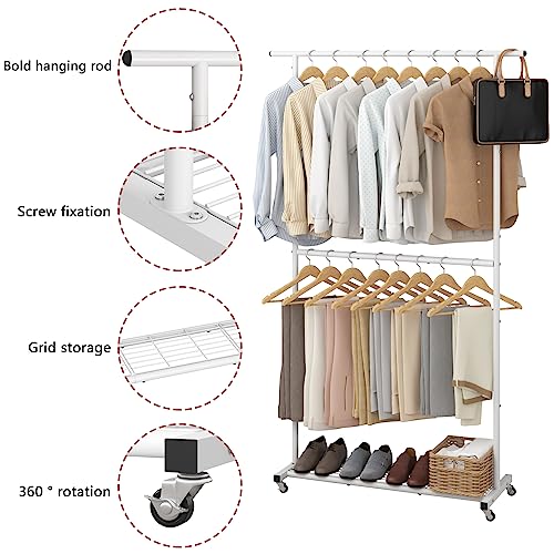 Sywhitta Double Rod Clothing Garment Rack, Rolling Coat Hanger with Bottom Mesh, Clothing Rack for Hanging Clothes, Coats, Skirts, Sweaters, White - color: White, size: With mesh