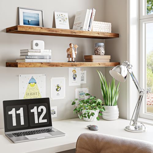Fixwal Wall Shelves, 35" Long Heavy Duty Wall Mounted Rustic Wood Shelves for Living Room, Bedroom, Bathroom and Kitchen, Wall Shelves for Storage, Books, Room Decor (Rustic Brown, Set of 2) - color: Rustic Brown, size: 35in