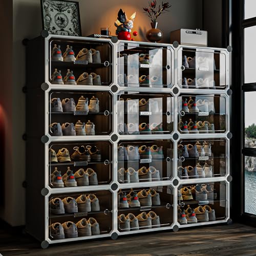 MAGINELS 8-Tier Shoe Rack,Expandable Plastic Shoe Cabinet. Shoe Storage with Door,Entryway, Closets, Hallway, and Bedroom.Accommodates Up to 48 Pairs of Shoes.Grey (3 by 8) - size: 3 by 8 (24 Pairs)