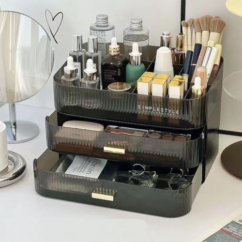MIUOPUR Stackable Makeup Organizer Drawers, Bathroom Vanity Organizers and Storage, Ideal for Desk and Dresser Countertops, Great for Cosmetics, skincare, Lipsticks, Nail Care -Black - color: Clear Black, size: Drawer Only