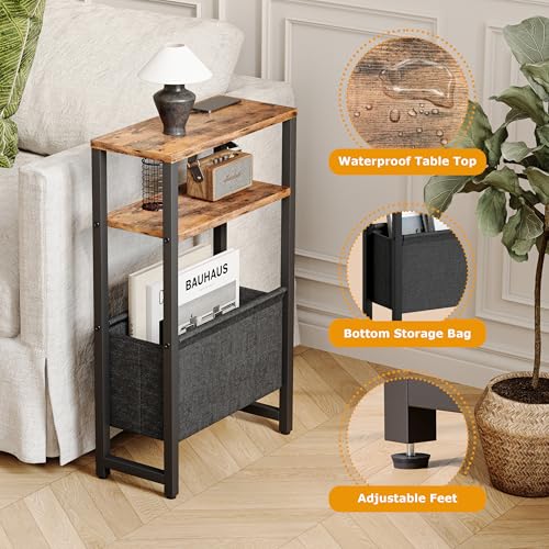 Narrow Side Table with Charging Station Slim End Table Sofa with Magazine Rack, Bedside Table for Small Spaces, 3 Tier Nightstand for Living Room Couch, Bedroom Rustic Brown LET503RE - color: Rustic Brown