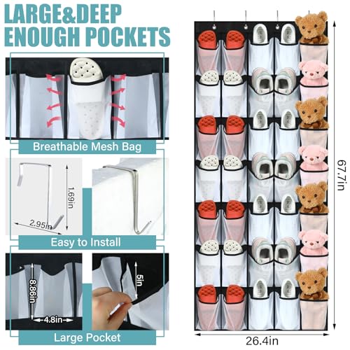 Windyun 2 Pcs 70 Large over The Door Shoe Organizer Hanging Shoe Rack for Closet Holder Black Mesh Pockets Back to School Behind Door Hanger Storage Nonslip for Home Room School Dorm, Each 35 Pockets - color: Black