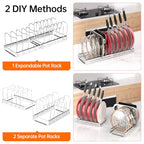 MUDEELA Pot Rack - Expandable Pots and Pans Organizer under Cabinet, Pot Lid Organizer Holder with 12 Adjustable Compartment, Kitchen Cabinet Organizer and Storage for Cutting Board, Skillets Pan - style: 12 Dividers-Silver