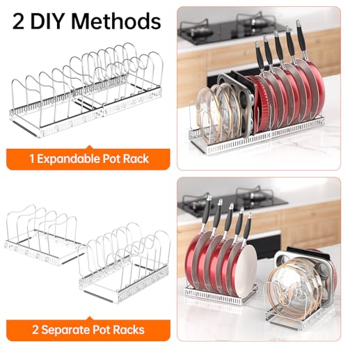 MUDEELA Pot Rack - Expandable Pots and Pans Organizer under Cabinet, Pot Lid Organizer Holder with 12 Adjustable Compartment, Kitchen Cabinet Organizer and Storage for Cutting Board, Skillets Pan - style: 12 Dividers-Silver