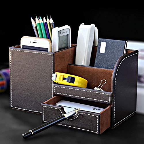 KINGFOM Desk Organizer Office Supplies Caddy Pu Leather Multi-function Storage Box Pen/Pencil,Cell phone, Business Name Cards Remote Control Holder with Small Drawer Brown - color: Brown