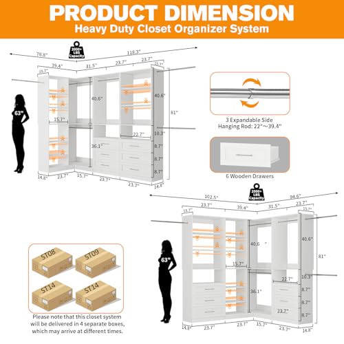 Closet System with 3 Sets, 6.5-16FT Corner Closet Organizer System with 6 Drawers & 11 Shelves & 6 Hanging Rods, Custom L-Shaped Modular Walk-in Closet Organizers and Storage System Corner, White - color: CL8914-White