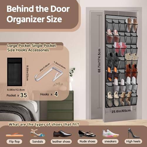 PAULONE 35 Pocket Over the Door Shoe Organizer,Reusable Breathable Large Mesh Bag Men's & Women's Sneaker Organizer,Shoe Organizer for Kids,Hanging Shoe Storage Hanging Bag (Gray) - color: Gray