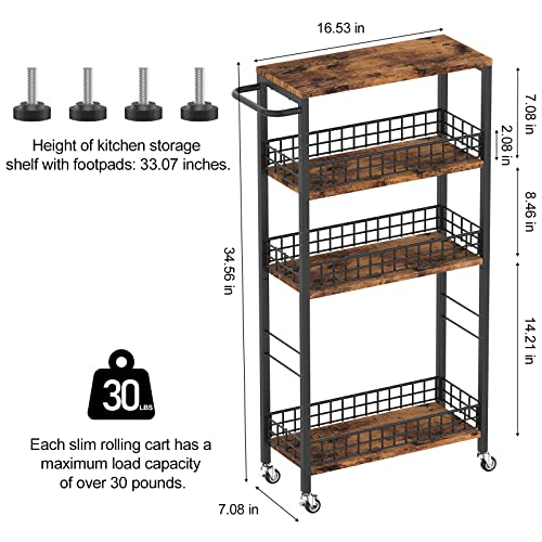 Slim Storage Cart Rolling Kitchen Cart with Wheels Narrow Laundry Storage Utility Cart 4 Tier Bathroom Mobile Shelving Unit Organizer with Wood Tabletop Trolly Cart with Handle for Small Spaces, Brown - color: Brown